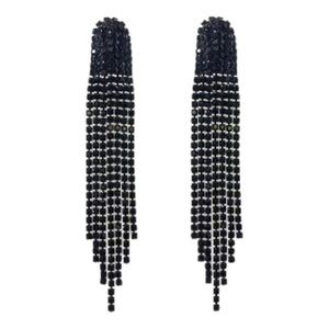 Black Earrings Tassel Dangle Rhinestone Earrings Long Fringe Bridal Prom Jewelry